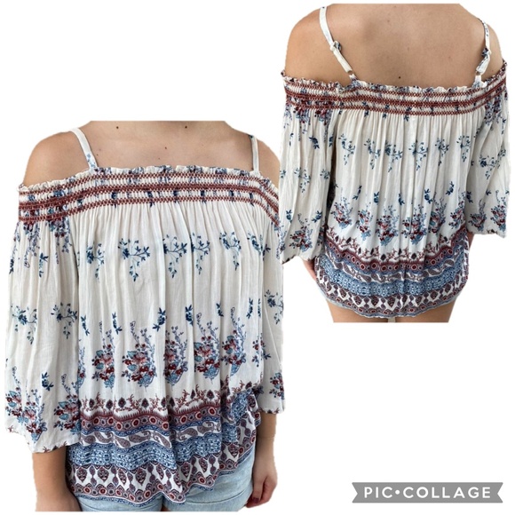 Rewind Off-Shoulder Square Smocked Neckline  Boho Floral Peasant Top – Size M - Picture 1 of 10